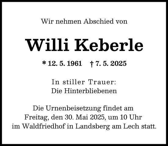 Traueranzeige von Willi Keberle von Landsberger Tagblatt