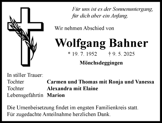 Traueranzeige von Wolfgang Bahner von Rieser Nachrichten