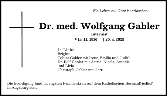 Traueranzeige von Wolfgang Gabler von Augsburger Allgemeine