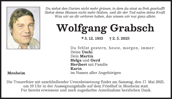 Traueranzeige von Wolfgang Grabsch von Donauwörther Zeitung