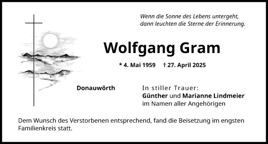 Traueranzeige von Wolfgang Gram von Donauwörther Zeitung