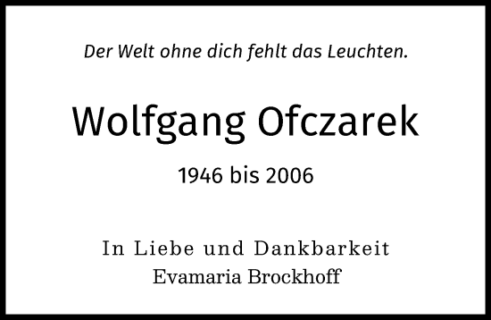Traueranzeige von Wolfgang Ofczarek von Augsburger Allgemeine