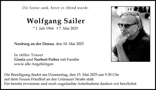 Traueranzeige von Wolfgang Sailer von Neuburger Rundschau