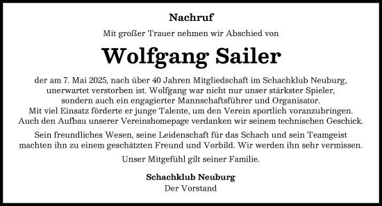 Traueranzeige von Wolfgang Sailer von Neuburger Rundschau