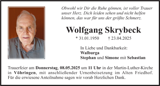 Traueranzeige von Wolfgang Skrybeck von Illertisser Zeitung