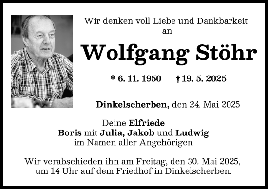 Traueranzeige von Wolfgang Stöhr von Augsburg-Land