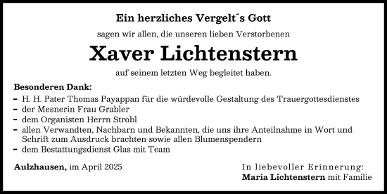 Traueranzeige von Xaver Lichtenstern von Aichacher Nachrichten