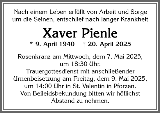 Traueranzeige von Xaver Pienle von Mindelheimer Zeitung