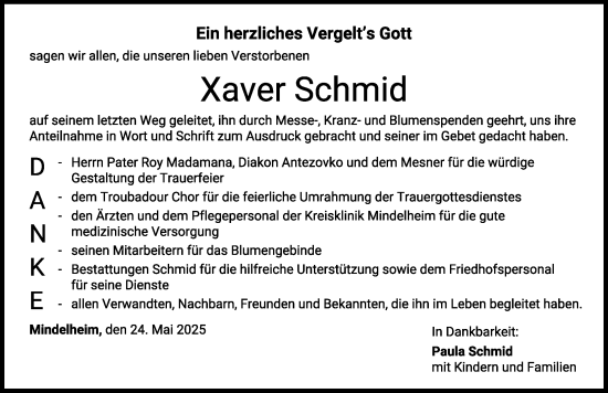 Traueranzeige von Xaver Schmid von Mindelheimer Zeitung