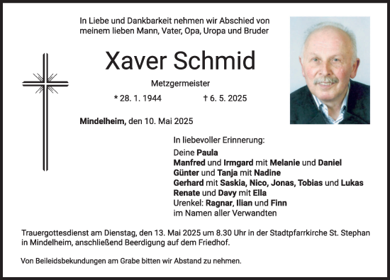 Traueranzeige von Xaver Schmid von Mindelheimer Zeitung