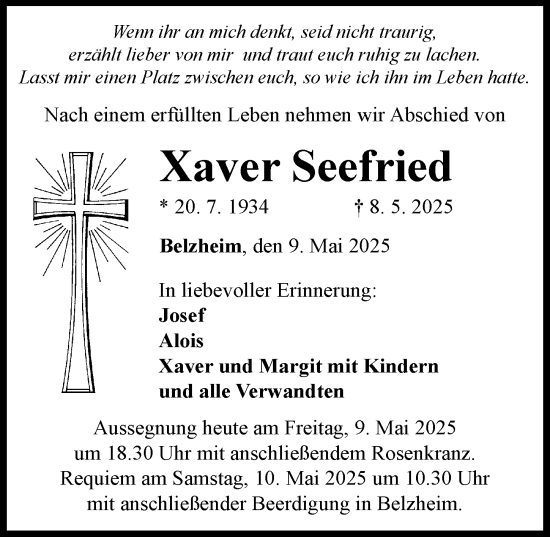 Traueranzeige von Xaver Seefried von Rieser Nachrichten