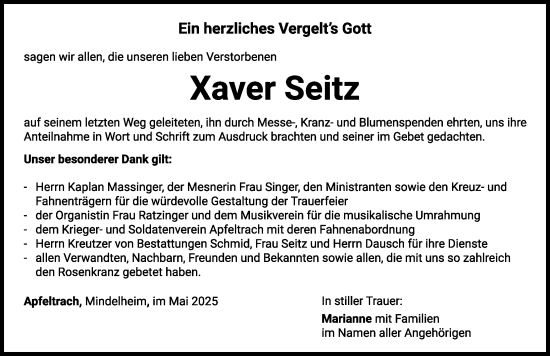 Traueranzeige von Xaver Seitz von Mindelheimer Zeitung
