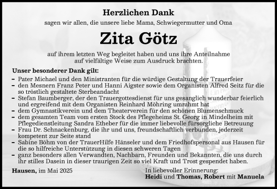Traueranzeige von Zita Götz von Mindelheimer Zeitung