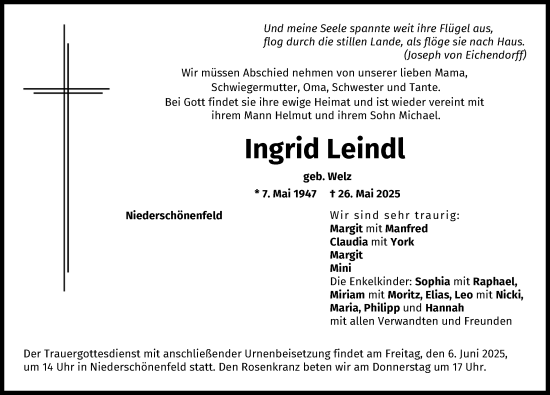 Traueranzeige von Ingrid Leindl von Donauwörther Zeitung