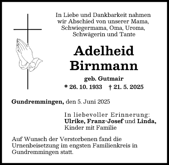 Traueranzeige von Adelheid Birnmann von Günzburger Zeitung