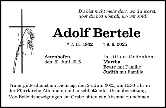 Traueranzeige von Adolf Bertele von Neu-Ulmer Zeitung