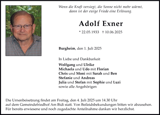 Traueranzeige von Adolf Exner von Neuburger Rundschau