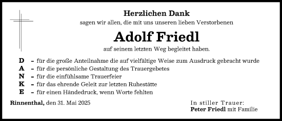 Traueranzeige von Adolf Friedl von Friedberger Allgemeine