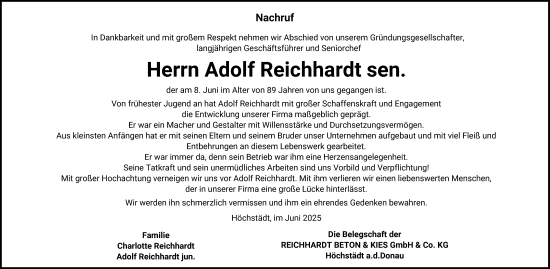 Traueranzeige von Adolf Reichhardt von Donau Zeitung