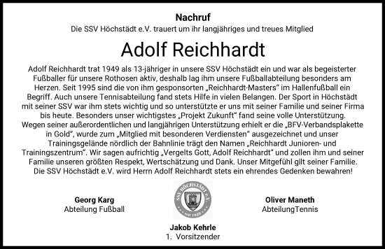 Traueranzeige von Adolf Reichhardt von Donau Zeitung