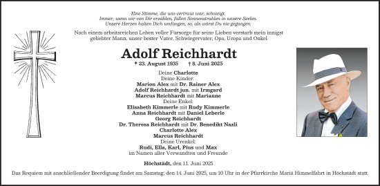 Traueranzeige von Adolf Reichhardt von Donau Zeitung