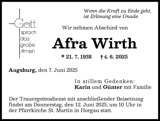Traueranzeige von Afra Wirth von Augsburg-Land