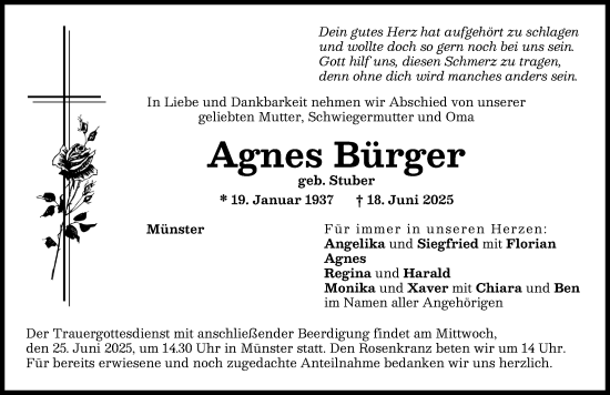 Traueranzeige von Agnes Bürger von Donauwörther Zeitung
