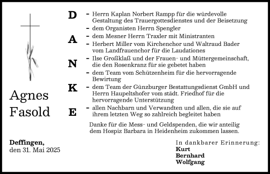 Traueranzeige von Agnes Fasold von Günzburger Zeitung