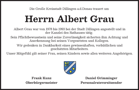 Traueranzeige von Albert Grau von Donau Zeitung