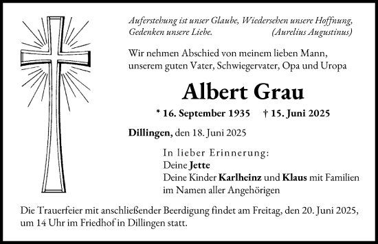 Traueranzeige von Albert Grau von Donau Zeitung