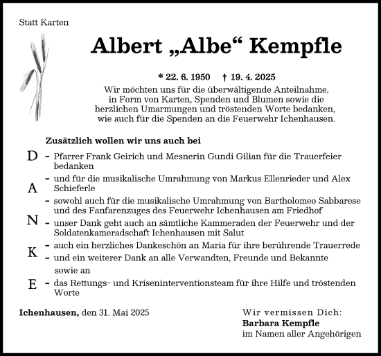Traueranzeige von Albert Kempfle von Günzburger Zeitung, Mittelschwäbische Nachrichten