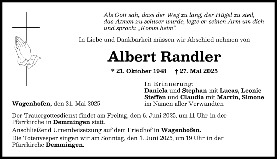 Traueranzeige von Albert Randler von Donau Zeitung