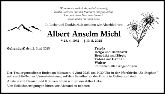 Traueranzeige von Albert Anselm Michl von Landsberger Tagblatt
