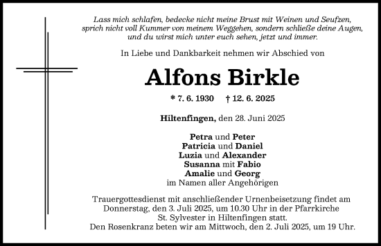 Traueranzeige von Alfons Birkle von Schwabmünchner Allgemeine