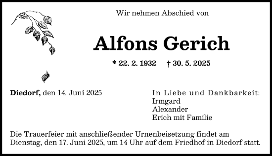 Traueranzeige von Alfons Gerich von Augsburger Allgemeine