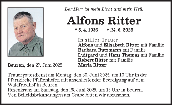Traueranzeige von Alfons Ritter von Neu-Ulmer Zeitung