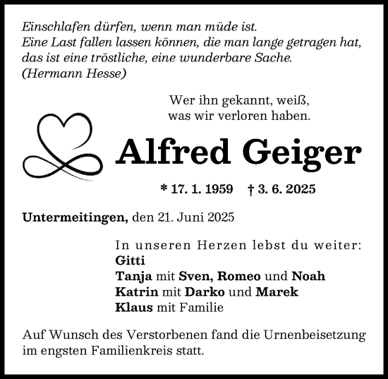 Traueranzeige von Alfred Geiger von Schwabmünchner Allgemeine