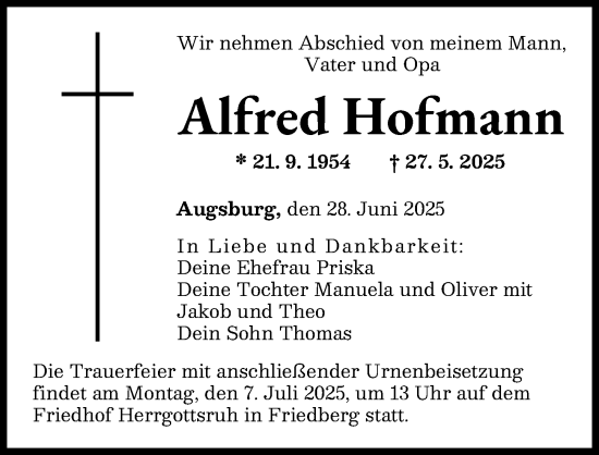 Traueranzeige von Alfred Hofmann von Augsburger Allgemeine