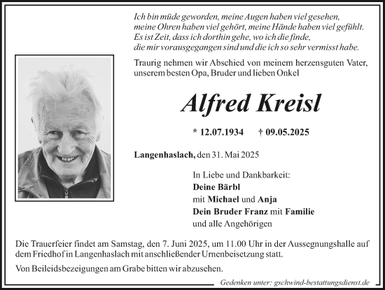 Traueranzeige von Alfred Kreisl von Mittelschwäbische Nachrichten