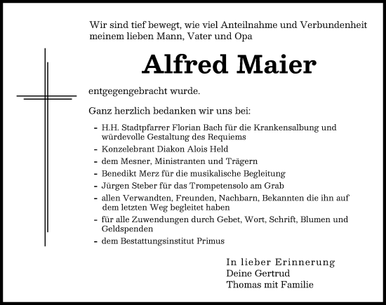 Traueranzeige von Alfred Maier von Mittelschwäbische Nachrichten