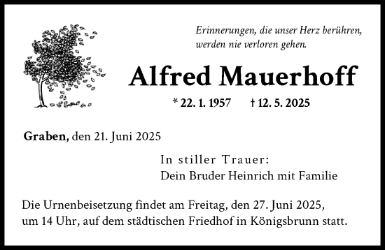 Traueranzeige von Alfred Mauerhoff von Augsburger Allgemeine