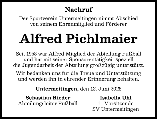 Traueranzeige von Alfred Pichlmaier von Schwabmünchner Allgemeine