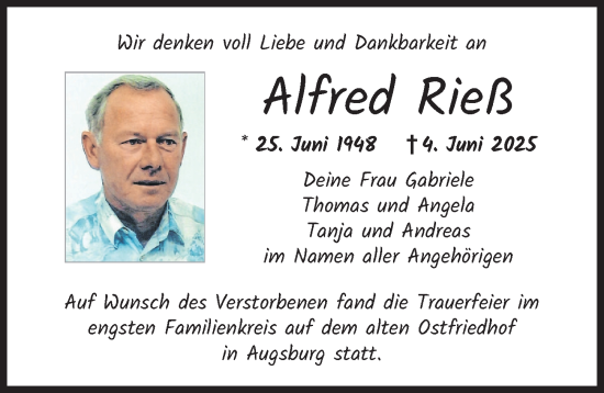 Traueranzeige von Alfred Rieß von Augsburger Allgemeine, Augsburg-Land