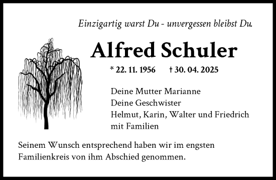 Traueranzeige von Alfred Schuler von Augsburger Allgemeine