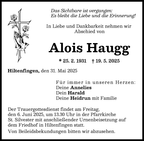 Traueranzeige von Alois Haugg von Schwabmünchner Allgemeine