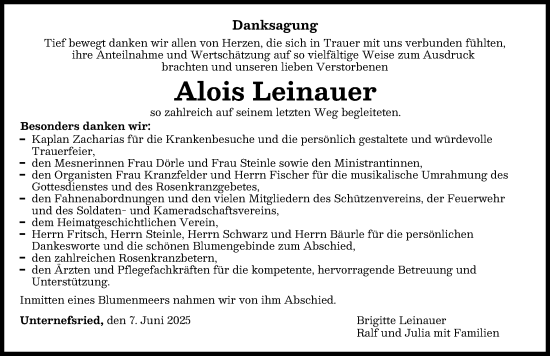 Traueranzeige von Alois Leinauer von Augsburger Allgemeine