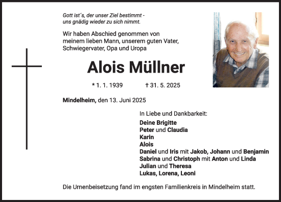 Traueranzeige von Alois Müllner von Mindelheimer Zeitung