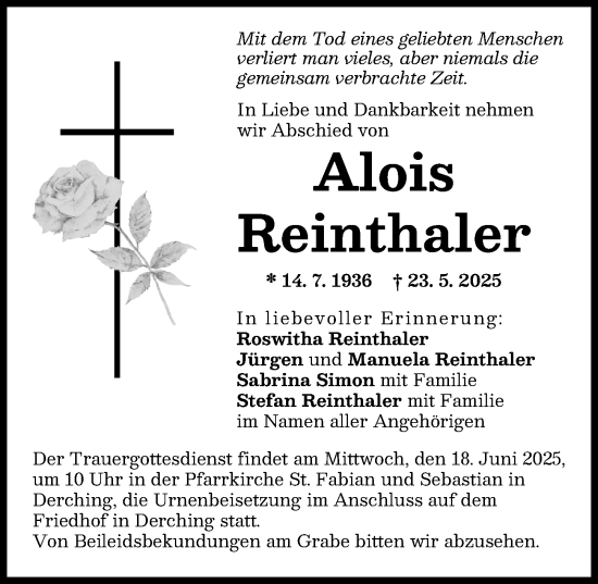 Traueranzeige von Alois Reinthaler von Friedberger Allgemeine