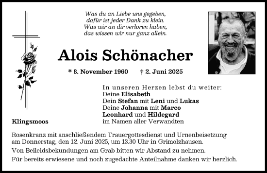 Traueranzeige von Alois Schönacher von Aichacher Nachrichten, Neuburger Rundschau