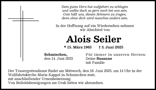 Traueranzeige von Alois Seiler von Friedberger Allgemeine